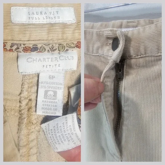 Charter Club Khaki Corduroy Pants Preppy Size 6 Petite Laura-Fit Full Length - Picture 4 of 8